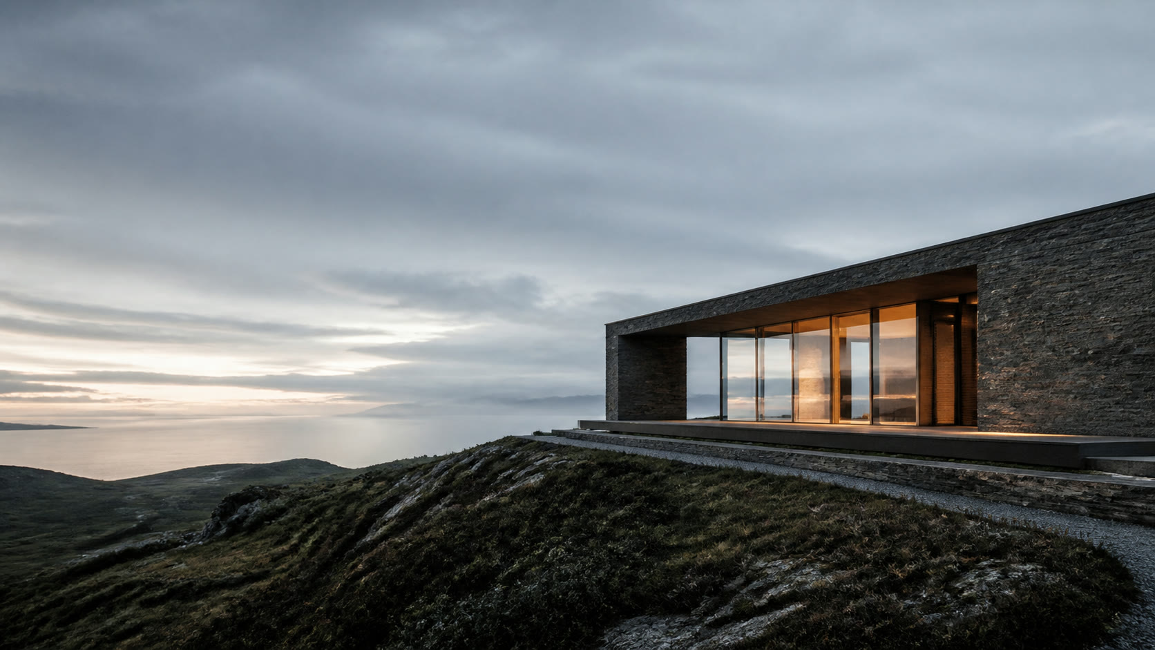 A quiet coastal pavilion at dusk