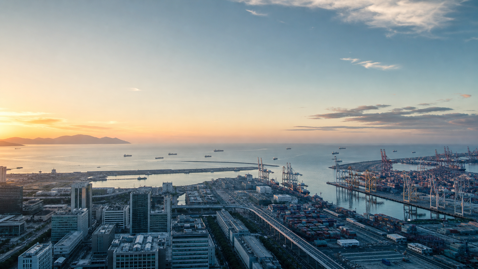 Coastal city and international port at sunrise